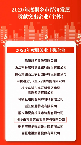 金昌汽車下屬桐鄉(xiāng)寶昌獲評(píng)服務(wù)業(yè)十強(qiáng)企業(yè)